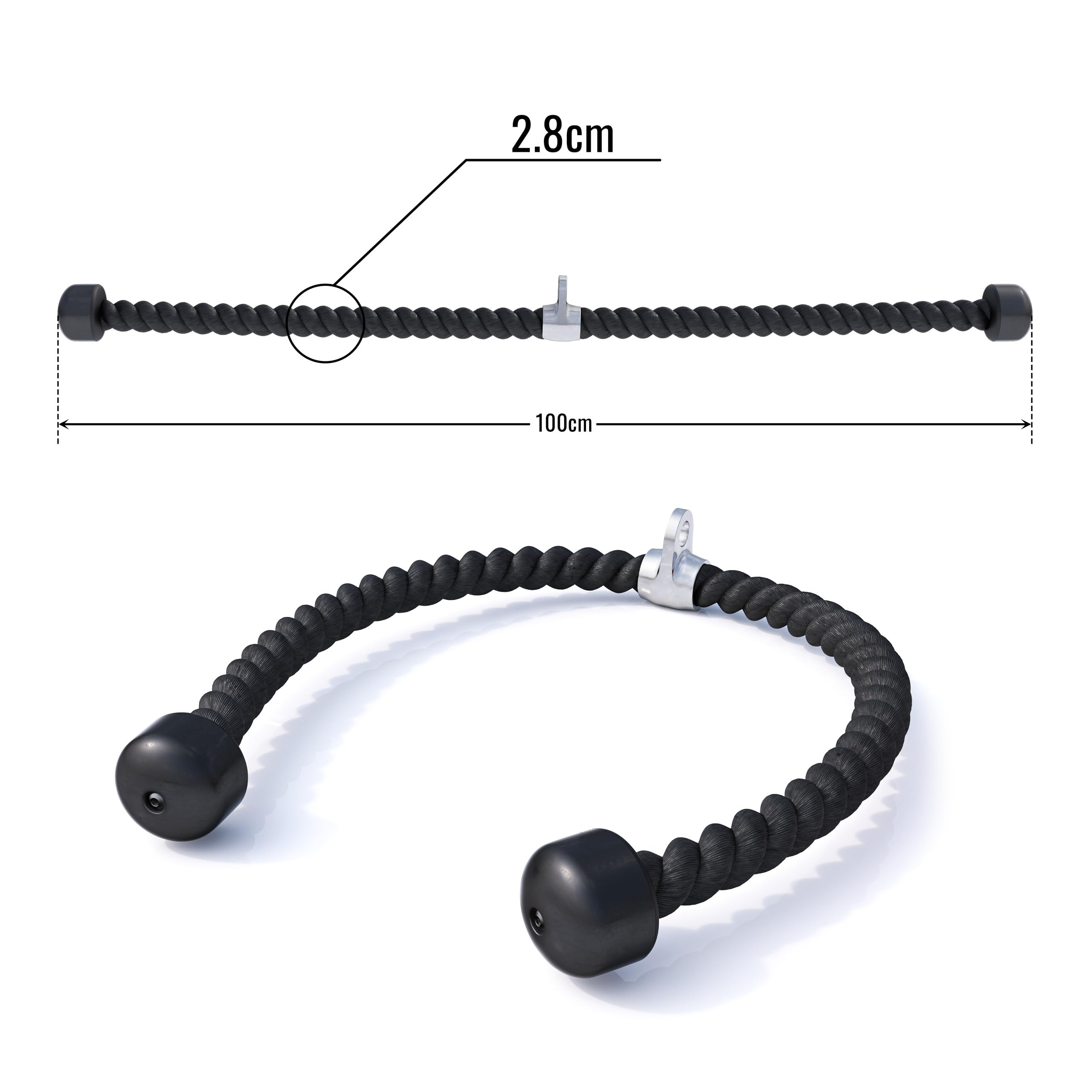 GORILLA SPORTS® Corda per Tricipiti - Lunghezza a Scelta 68 cm, 85 cm o 100 cm, in Nylon, Attacco Cromato, Antiscivolo, Nero - Corda Palestra, Pull Down, Cavi Bodybuilding, Bicipiti, Allenamento