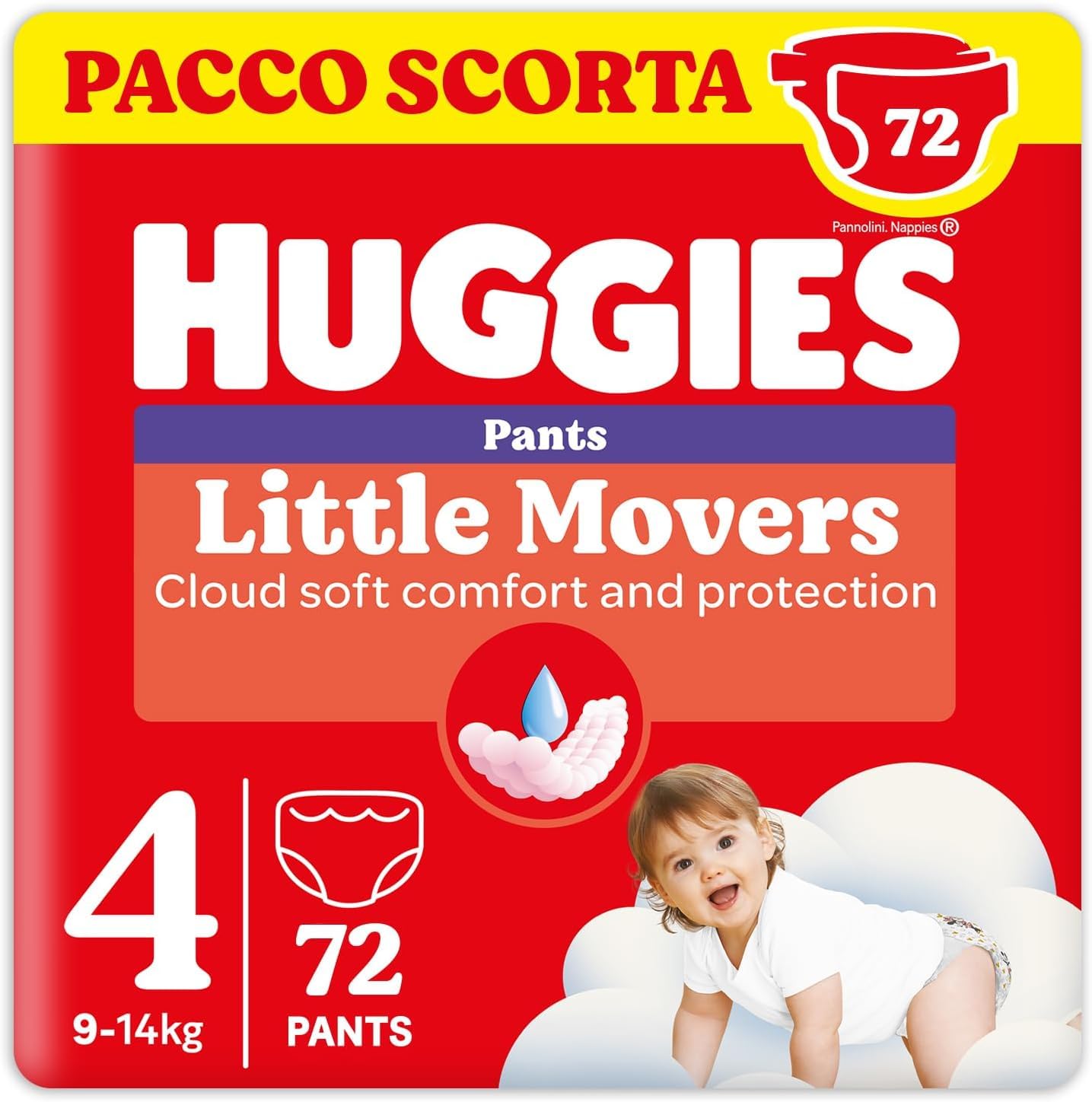 Huggies Little Movers Pannolini Mutandina Taglia 4 (9-14 Kg), Ultra assorbente, Design Disney, Pacco Scorta, 72 Pz