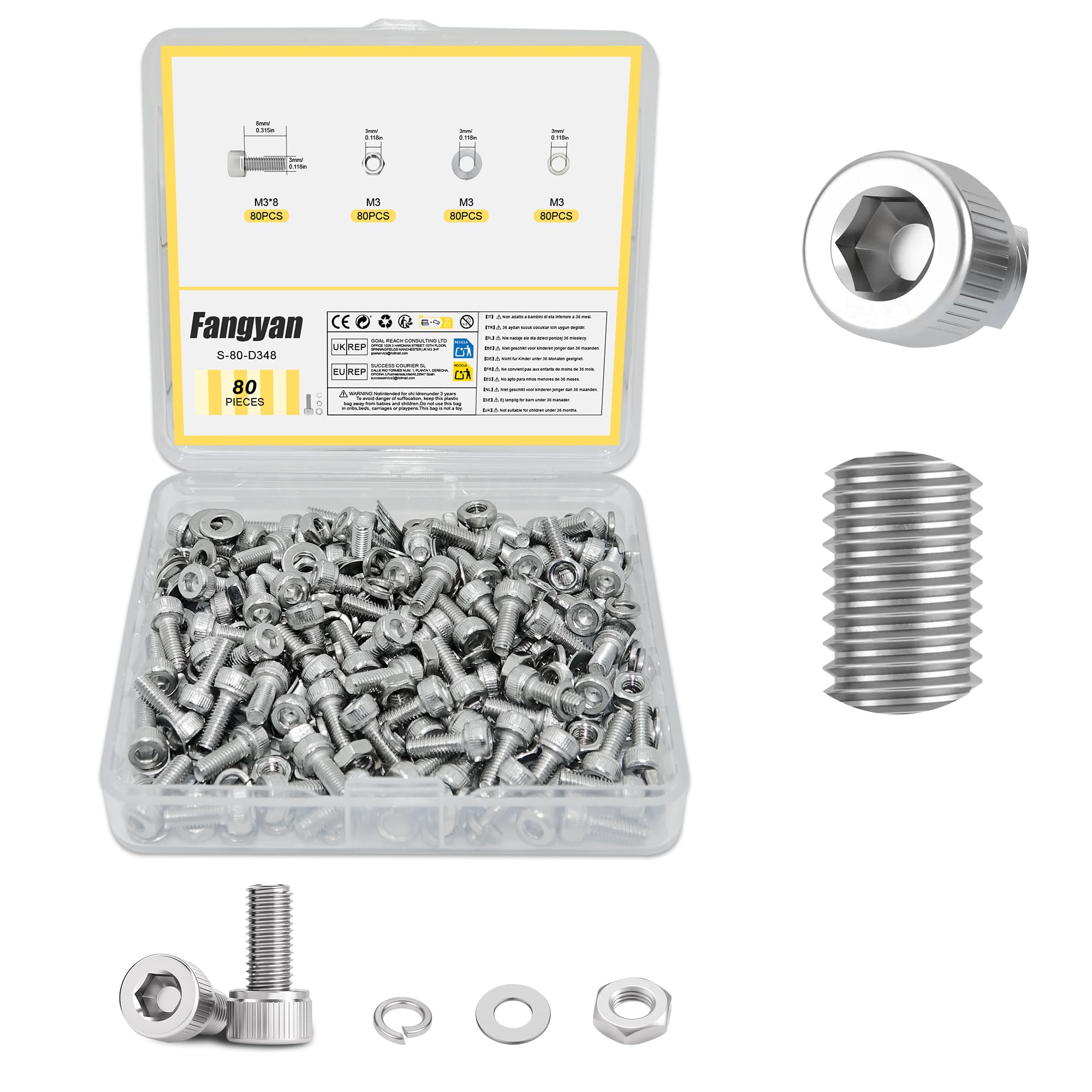 Fangyan 80 PCS M3 x 8mm Hex Socket Cap Head Bolts Set, Stainless Steel Machine Screws with Hex Nuts, Flat & Spring Washers Assortment Kit for Electronics, Small Equipment & DIY Repair