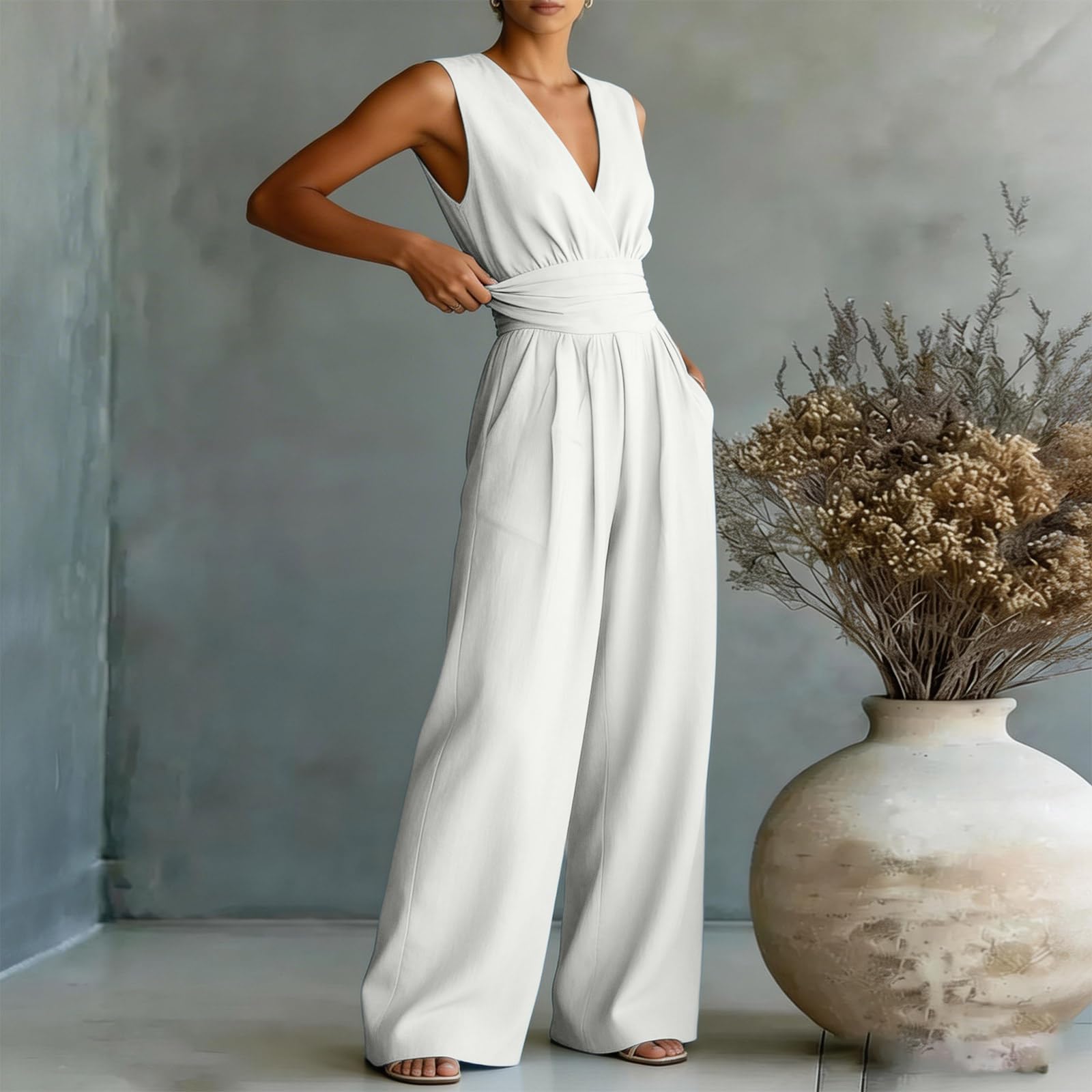 FUPODD Jumpsuit Damen Sommer Elegant Lang Tailliert Overall Festlich Hochzeit Romper Weites Bein Ärmellos Hosenanzug Hochzeitsgast Jumpsuits Frauen V Ausschnitt Buisness Playsuit Mit Tasche Onepiece