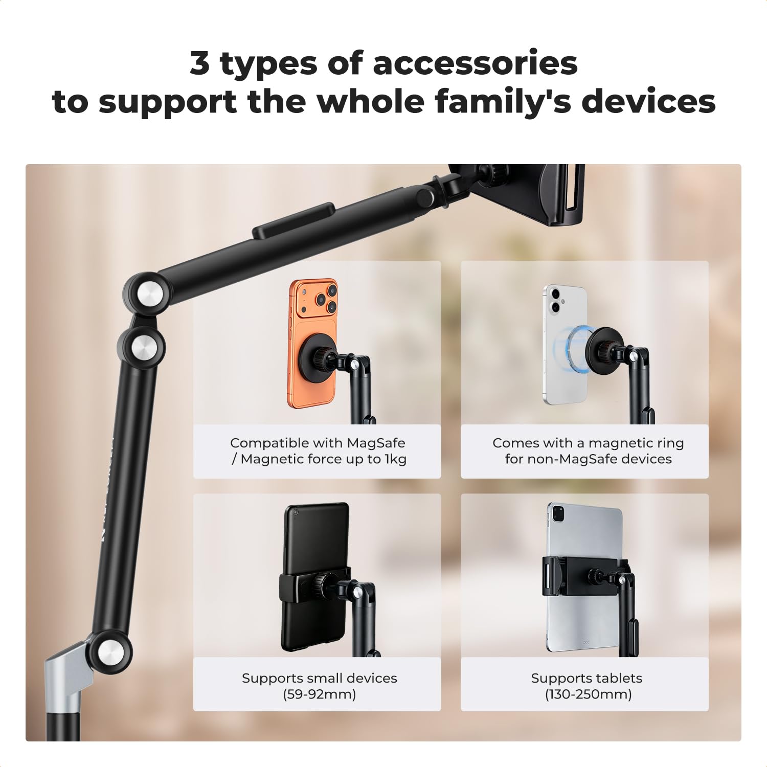 K&F CONCEPT Stojak podłogowy na telefon komórkowy, tablet, 25-160 cm, kompatybilny z iPad/iPhone | Regulowany stojak z głowicą kulową 360°, 25-160 cm, kompatybilny z tabletami i smartfonami