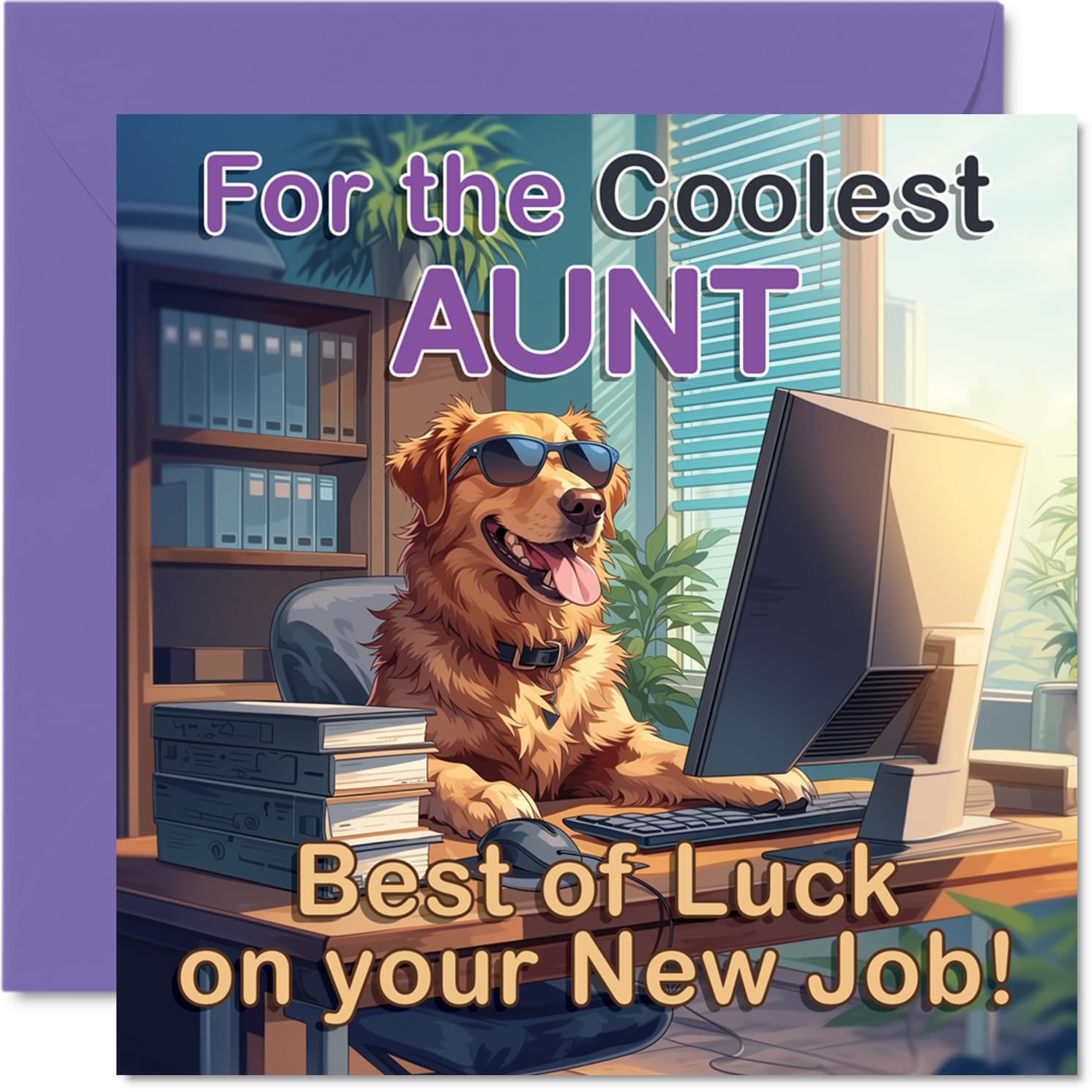 Supportive New Job Card for Aunt - Cheerful Office Dog in Sunglasses Brings Fun Vibes - Bold, Colourful Desk Scene - 145mm Square, Envelope Included