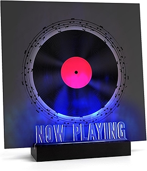 Woodoulogy LED照明木质唱片展示架，带亚克力标牌，多彩灯光设计