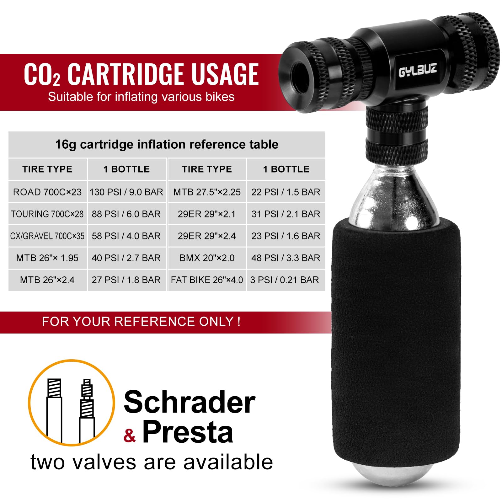 Gonfiatore di CO2 con 6 cartucce di CO2 da 16 g, compatibile con valvole Presta e Schrader, pompa portatile per pneumatici da bici con manicotto isolato, per bici da strada e mountain bike