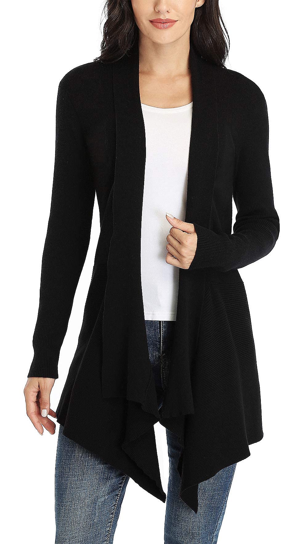 Dilgul Women Open Front Ribbed Drape Long Sleeve Cascading Cardigan Sweater