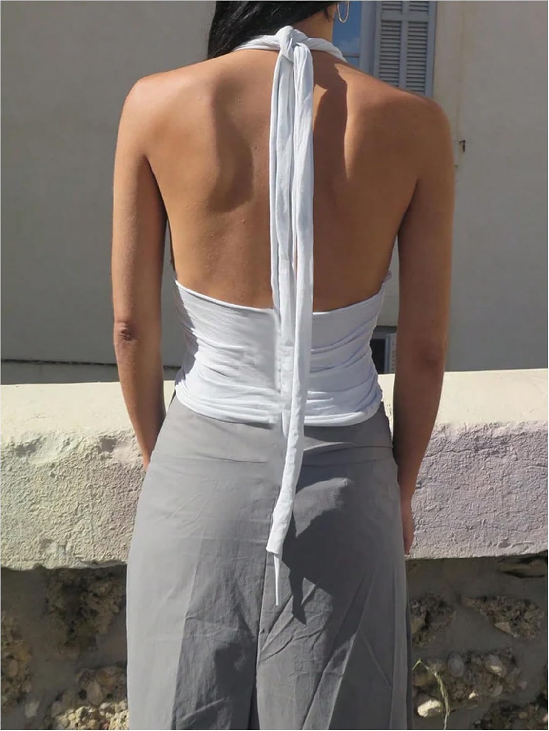 Milumia Women's Twist Knot Tie Backless Halter Top Y2k Ruched V Neck Sleeveless Tops - Image 3