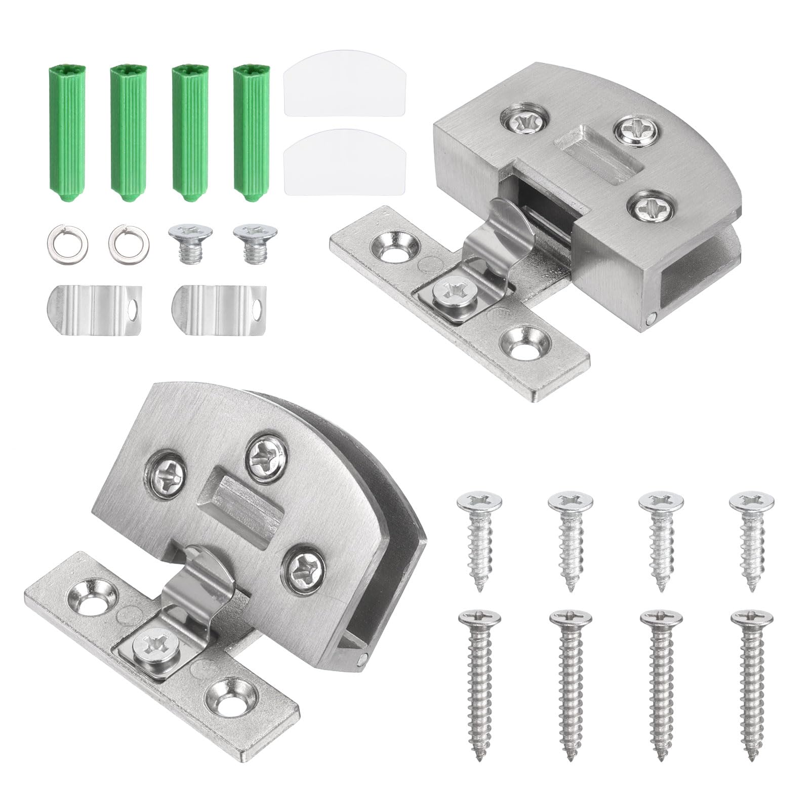 sourcing map 2Pcs Glass Door Hinges, Zinc Alloy No-Drill Glass Shower Door Hinges 90 Degree Cabinet Doors Hinge for 3-7mm Thickness Frameless Doors for Kitchen Bathroom, Brushed Silver
