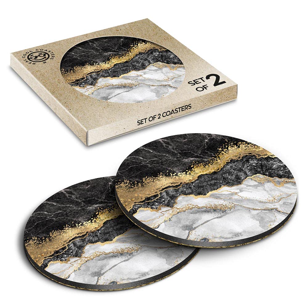 2 x Eco Boxed Cork Coasters - Marble Gold Stone Effect Art Drink Cup Mug Glass Table Mat #21842