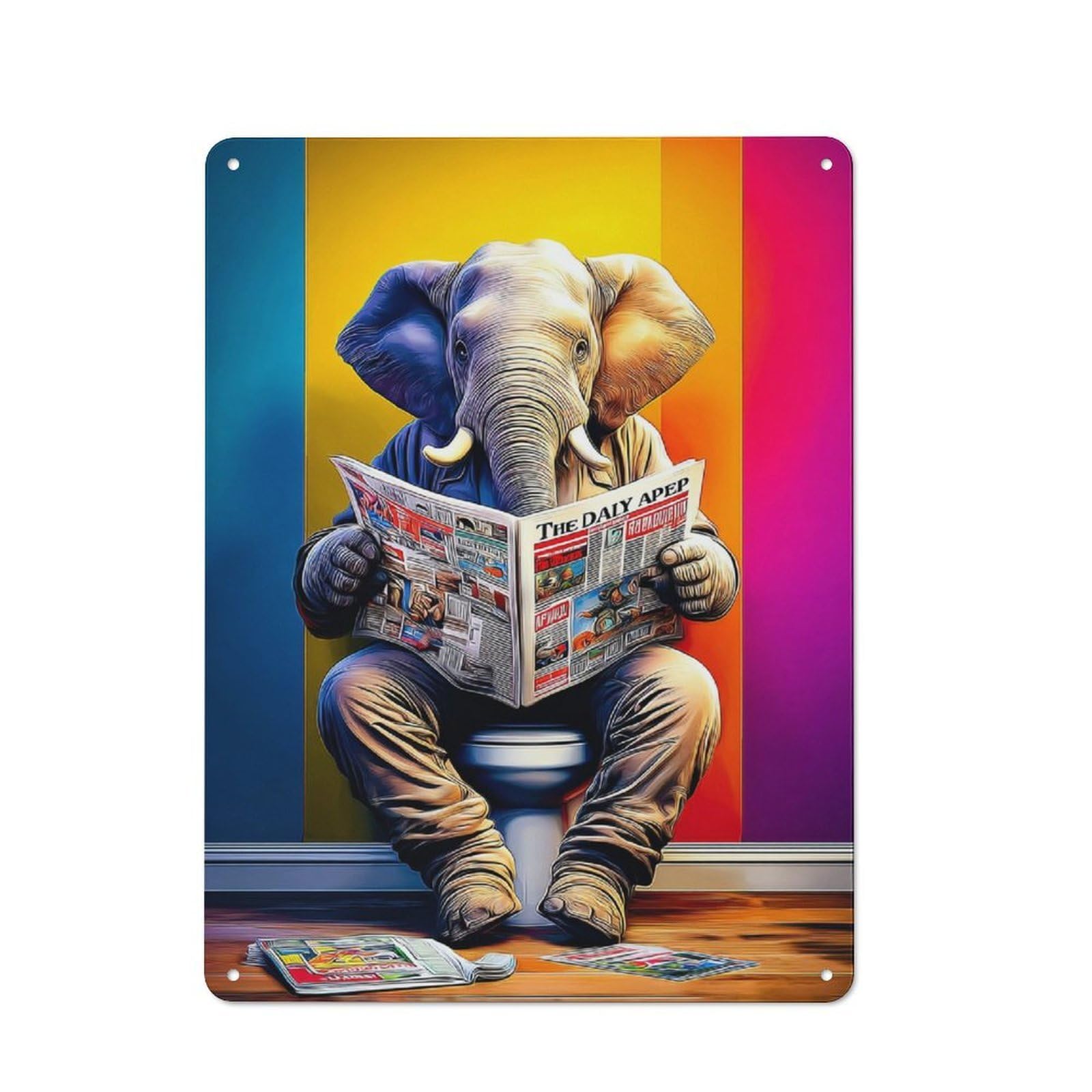 Junmoney Elephant Reading Newspaper On Toilet -2 Metal Wall Plaque With Design 40X30cm, Retro Small Space Decor For Flat, Dorm Room, Lounge Or Cafe