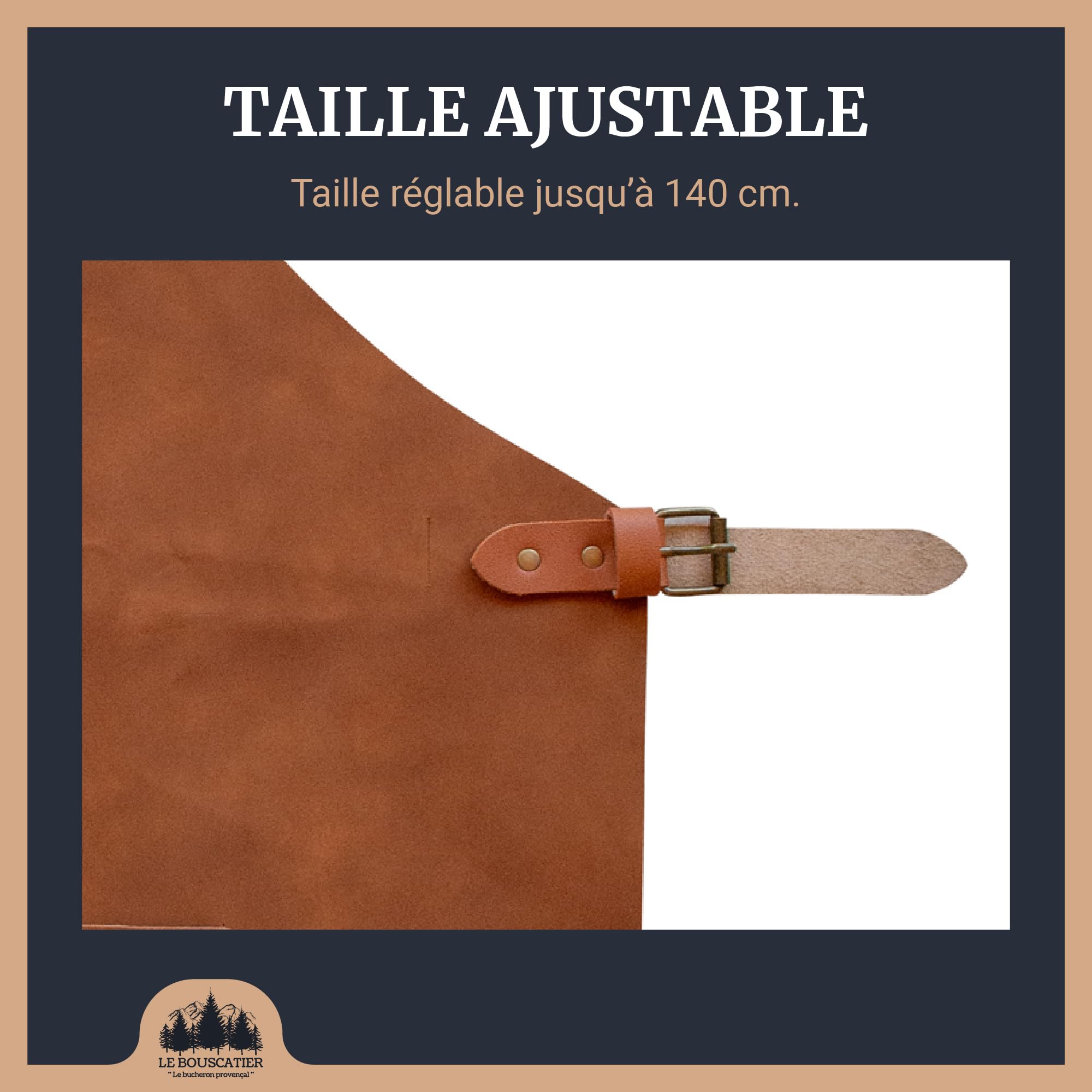 Le Bouscatier Fartuch kuchenny ze skóry do grilla, plancha, paleniska, grilla, regulowany, wytrzymały i lekki, idealny do kuchni na zewnątrz i wewnątrz, ochrona tułowia i ud