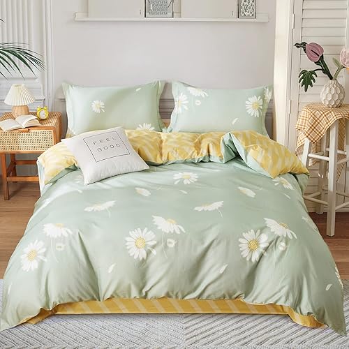 SAPHREAS Juego de funda de edredón con estampado floral de margaritas verdes y blancas de 3 piezas, juego de funda de edredón 100% algodón, 1 funda