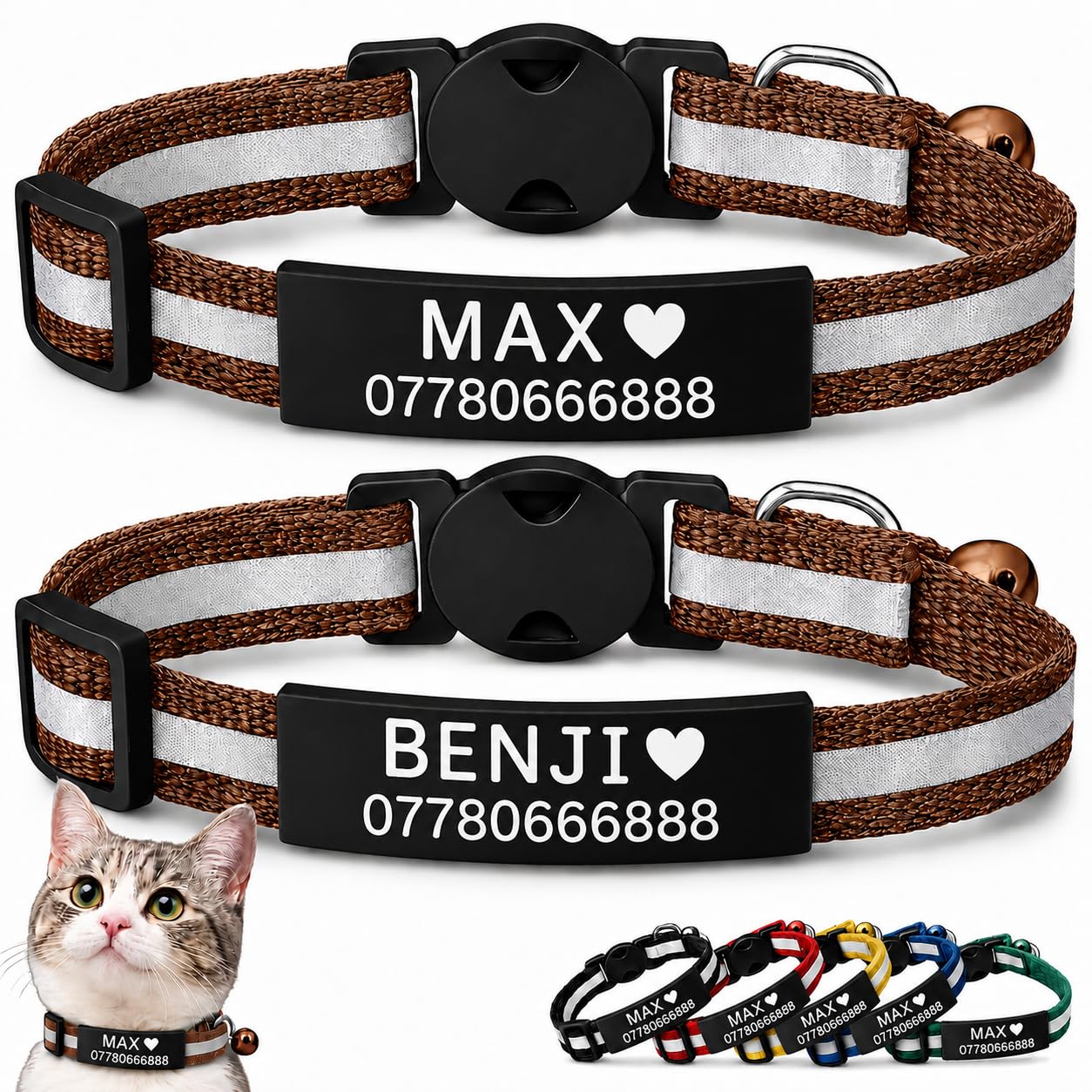 2 Pack Personalised Cat Collars with Engraved ID Plate, Name & Phone Number, Reflective Breakaway Safety Buckle, Adjustable Cat & Kitten Collar Set (Brown, Black Name Plate)