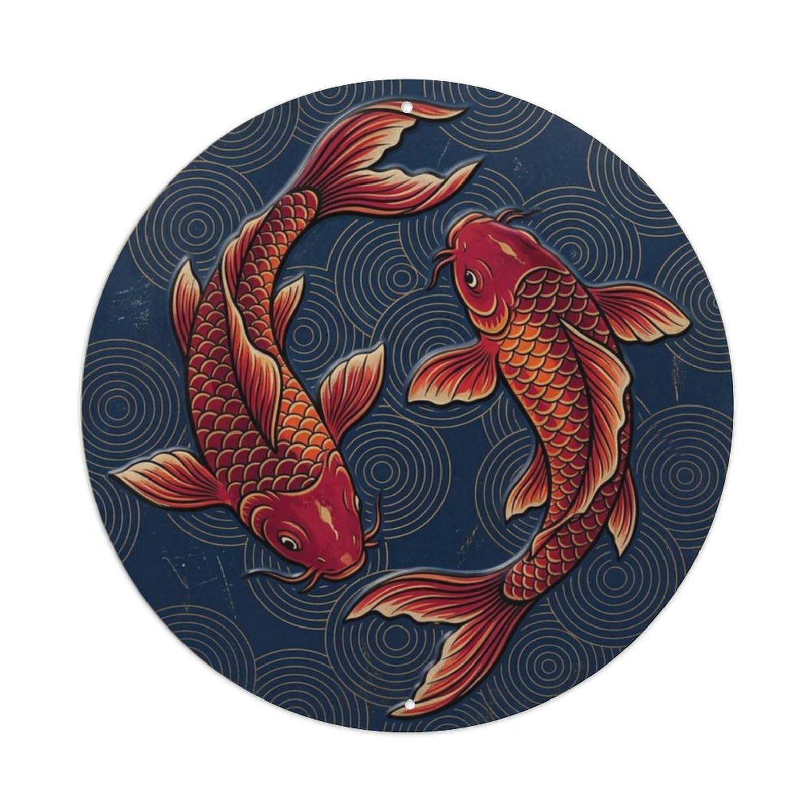 Fqcyn Style Koi Fish Crimson Koi Dynasty Entryway Metal Tin Sign Plaque Wall Decor For Cafe, Club Bar, Office, Home Garden Round Metal Poster 8X8inch