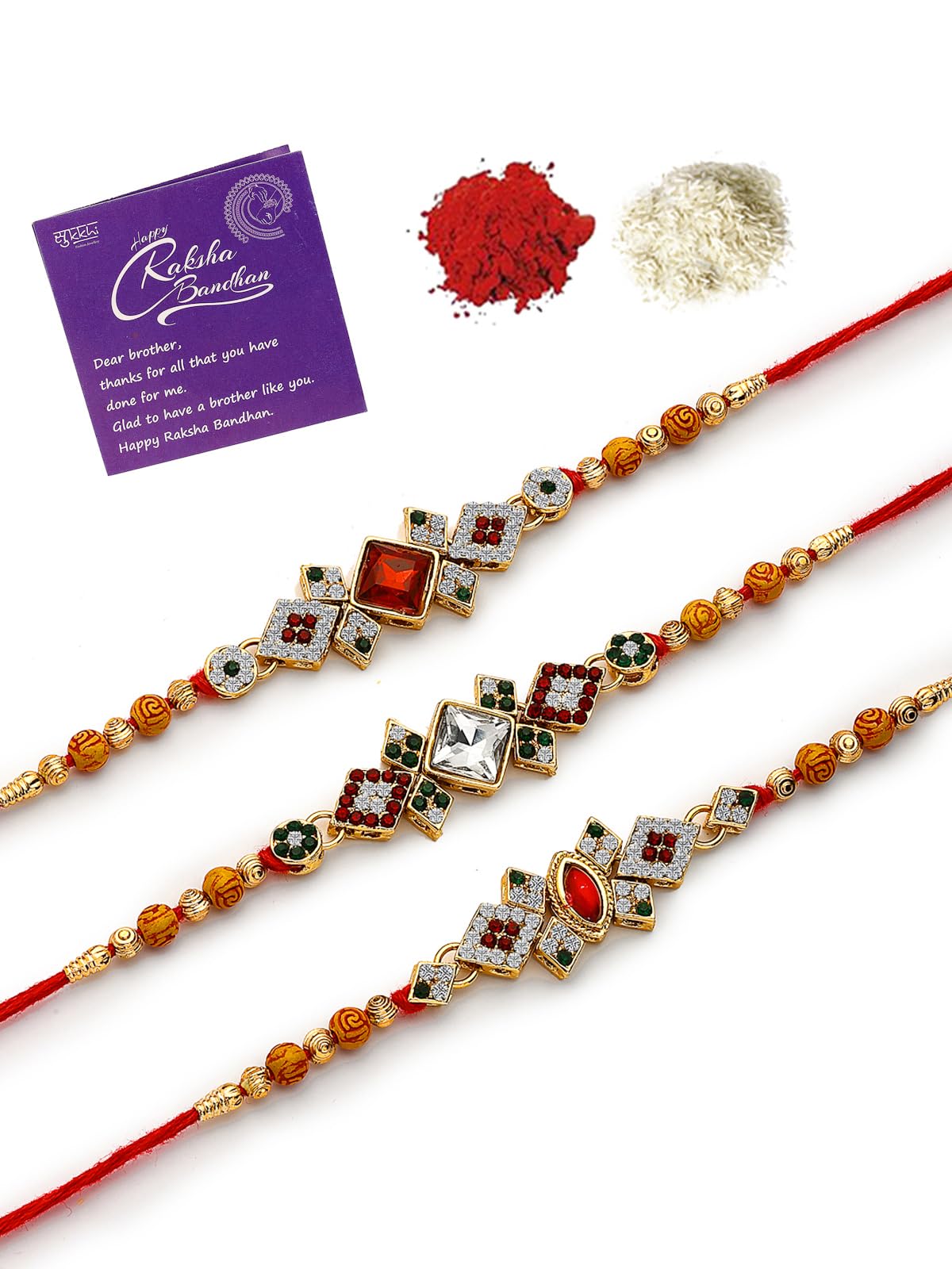 Festive Gold Plated with AD Stones Handmade Multicolor Combo Rakhi For Brother with Roli Chawal & Free Greeting Card|Set of 3|CBRAK107447-image-29