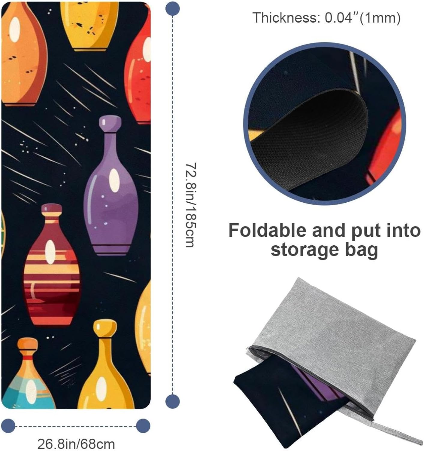 Yoga Towel, Bowling Pattern Non Slip Sweat Absorbent Hot Yoga Mat Towel for Hot Yoga, Pilates and Fitness - 72.8" x 26.8"
