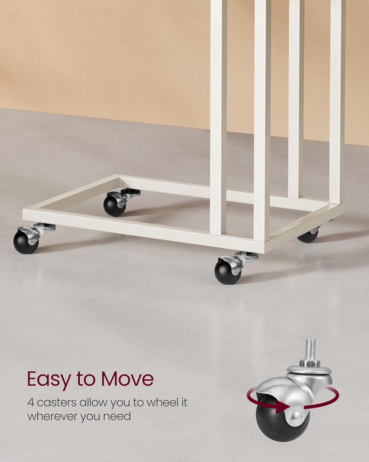 VASAGLE End Table, C Shaped TV Tray with Metal Frame Rolling Casters for Coffee Laptop Mobile Tablet, Industrial Side Table for Living Room Bedroom, 19.7 x 13.8 x 23.6 Inches, Cream White ULNT050W77