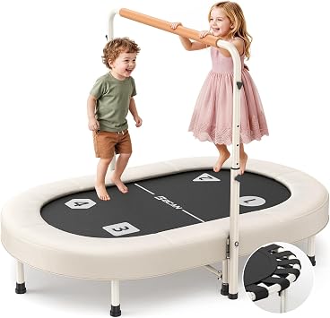 BCAN 56IN 2-Person Kids Trampoline, Safe-Elastic Band Foldable Frame Trampoline for Kids 1-8, ASTM Certified-Toddler Trampoline with Adjustable Stable Handlebar&Thickened Cover,Max Load 220lbs