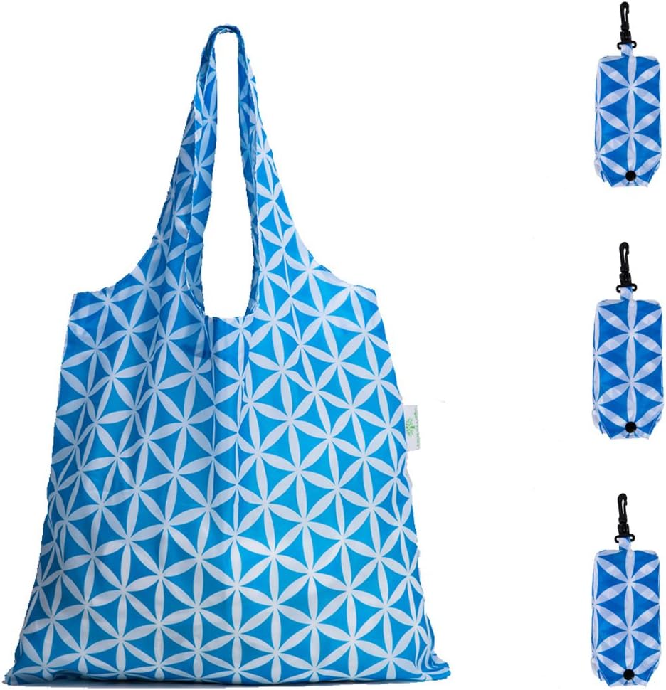 Reusable Grocery Bags,Heavy Duty Foldable Shopping Tote Bag (Standard, 3 Blue Geometric Flowers)