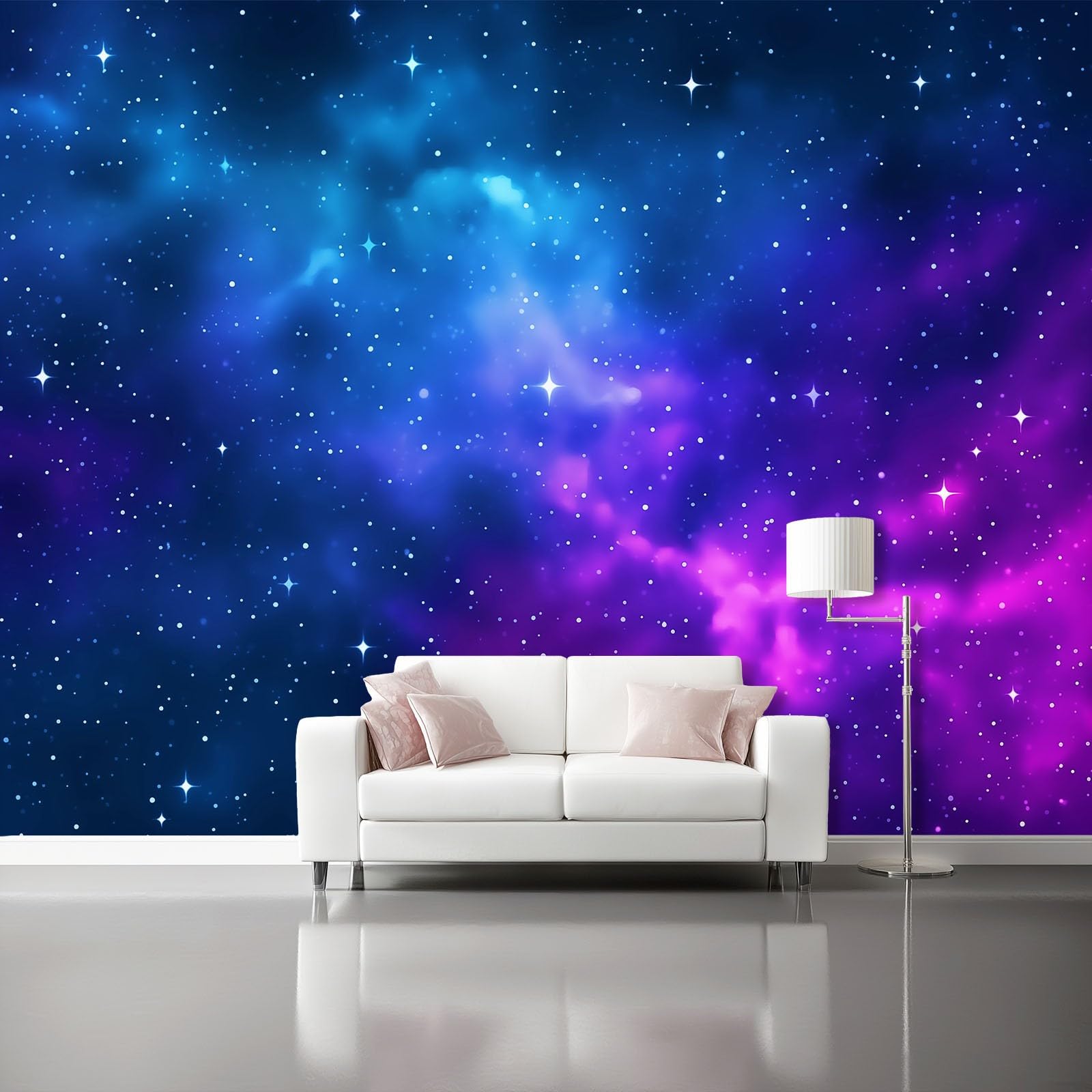 Bardzo duża fototapeta 400 x 280 cm (szer. x wys.), wzór kosmicznej galaktyki, usuwalna fototapeta do przestronnego salonu, niebiesko-fioletowa