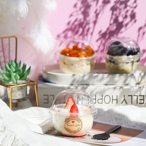 Miniatura 5 de Paquete de 50 tazas de postre con tapas de cúpula, vasos de plástico desechables con tapas, tazas de helado de PET transparentes (sin agujero),