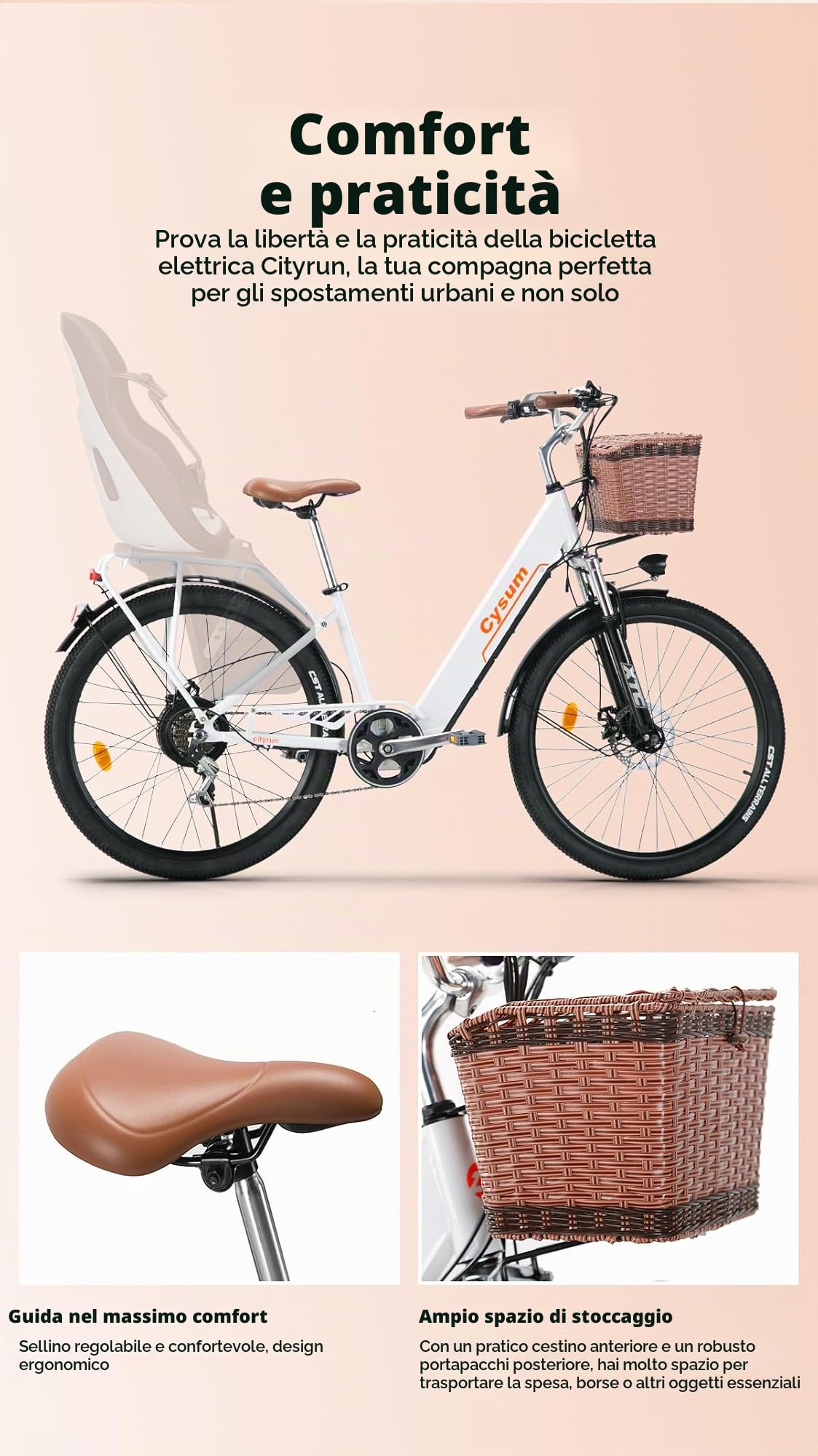 bici elettrica donna 26 pollici bicicletta elettrica donna batteria 36V autonomia 80km bici elettrica pedalata assistita cambio 7 velocità freni a disco (Bianco)