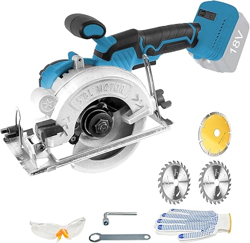JOJOCY Sierra circular inalámbrica sin escobillas de 5 pulgadas, 6200 RPM, 2 cuchillas de madera, 1 guante de hoja de azulejos, solo herramienta