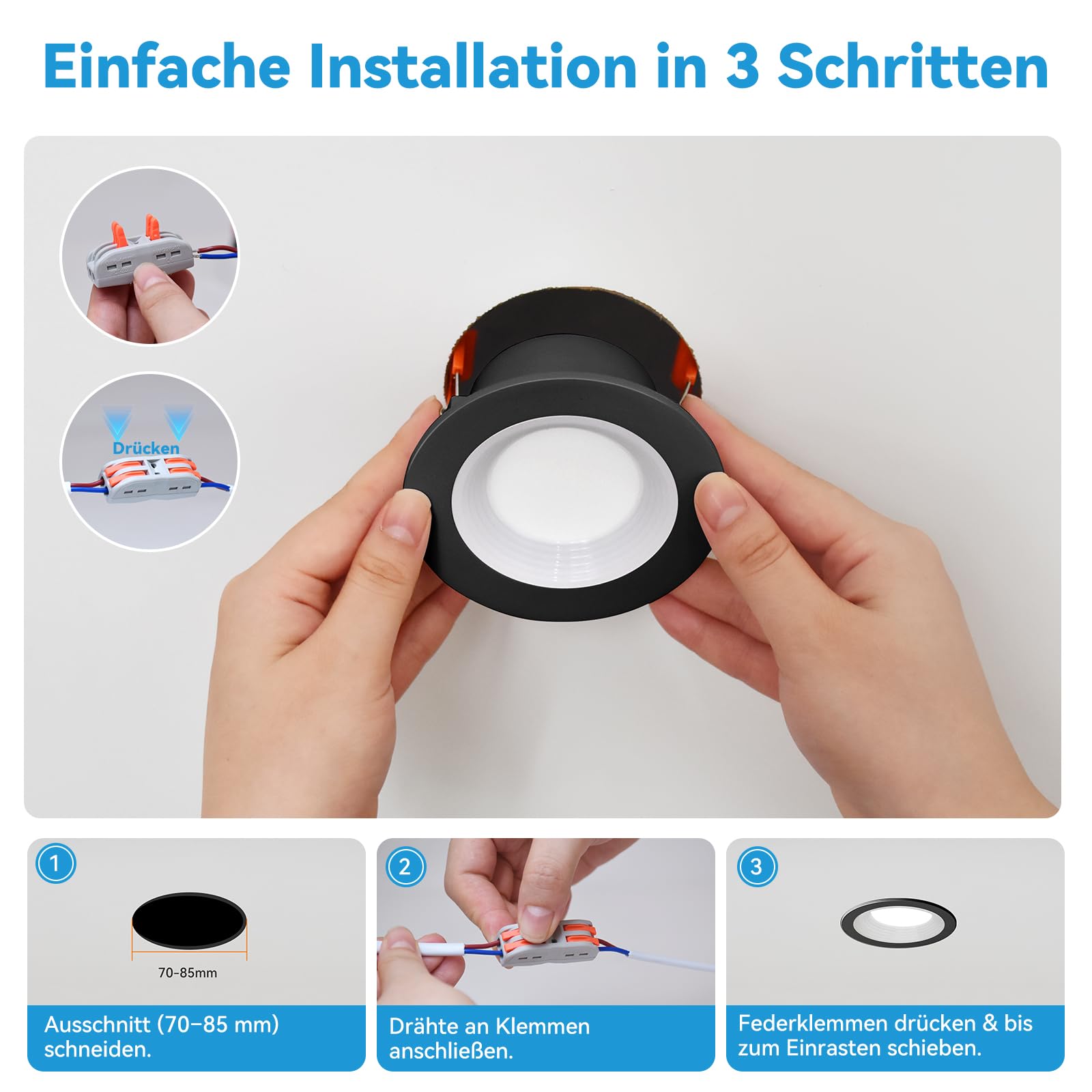 KEELED Schwarz Einbaustrahler LED 6W, mit Nachtlicht 1.5W, LED Spots 230v, 3000K/4000K/6000K Wählbar, Schnittloch 70-85mm, IP44, Gehäuse aus Aluminiumdruckguss, 12er Set