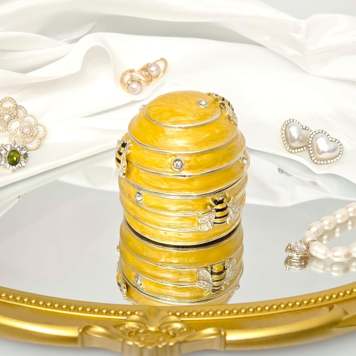 Mini Bee Honeycomb Trinket Box, Vintage Metal Enameled Honeycomb Figurine, Rings Earrings Small Jewelry Box Decorative Hand-Painted Collectible Keepsake Wedding Gift for Girls Women, Yellow