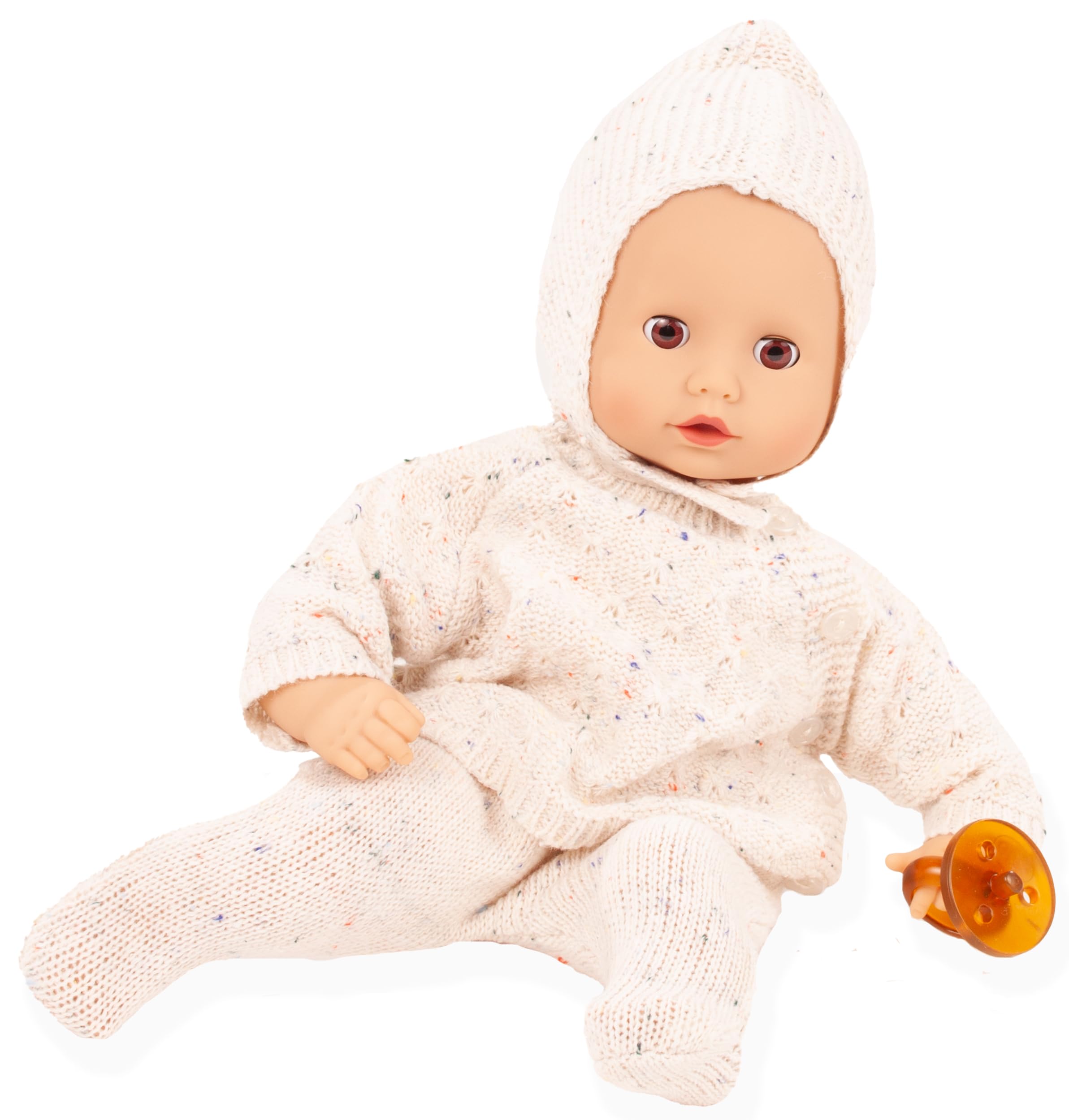 Götz 2520564 Muffin Baby Alles Strick Puppe 33 cm Babypuppe | braune Schlafaugen, 5-tlg, ohne Haare, Weichkörper, für Kinder ab 18 Monaten, waschbar, mit Schnuller, Strickmütze und Outfit