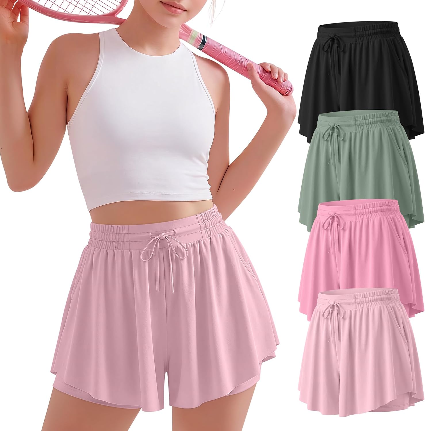Xaatren 4 Pack Girls Flowy Shorts Athletic Butterfly Shorts Gym 2 in 1 Preppy Skirts with Pockets for Running Sports