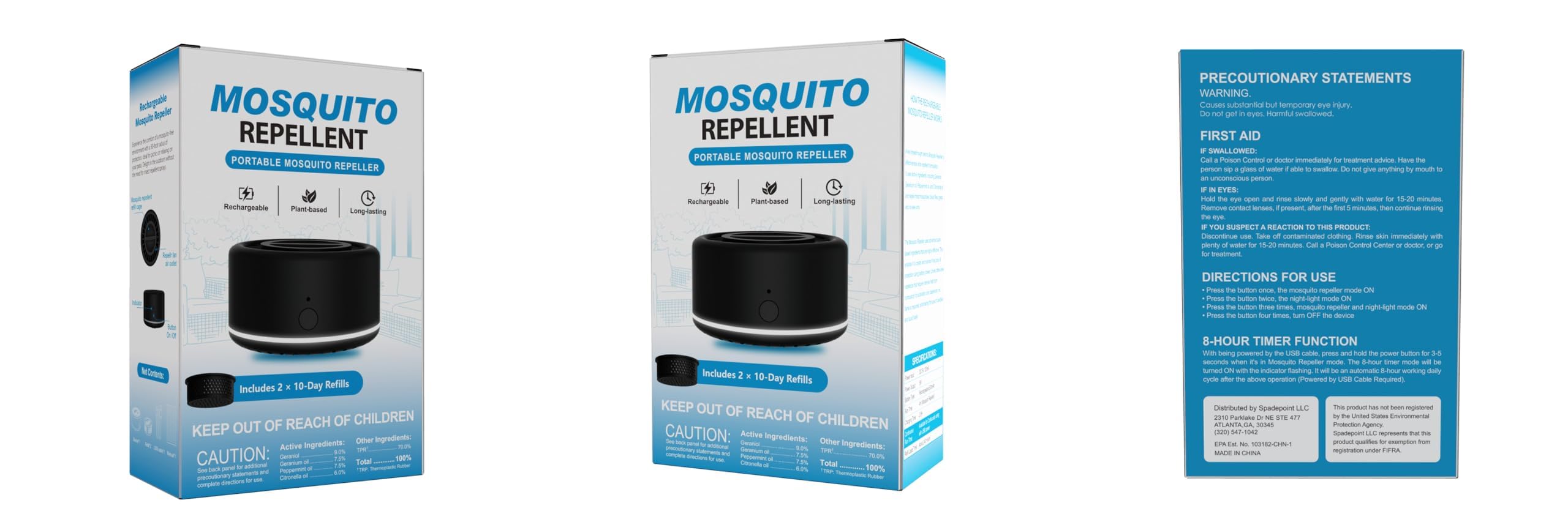 Virine Repellente per zanzare, confezione da 2, dispositivi portatili con 4 ricariche, deterrente per zanzare a diffusione alimentato a ventola, per patio, campeggio e uso esterno, ricarica USB-C