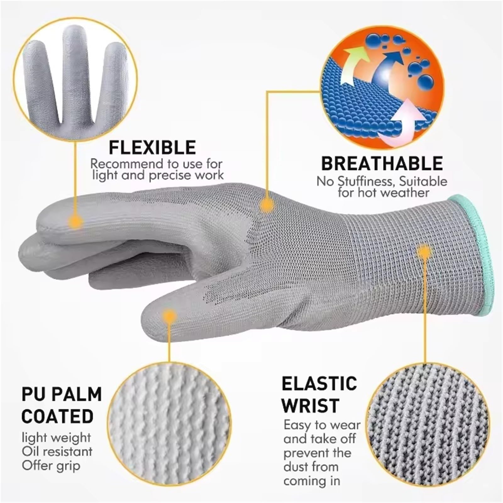 Gants De Travail Antidérapants Gants de travail antidérapants recouverts paume en PU, gris, for le jardinage et les réparations domestiques, 2/6/10 pièces(Grey 10Pairs,L)