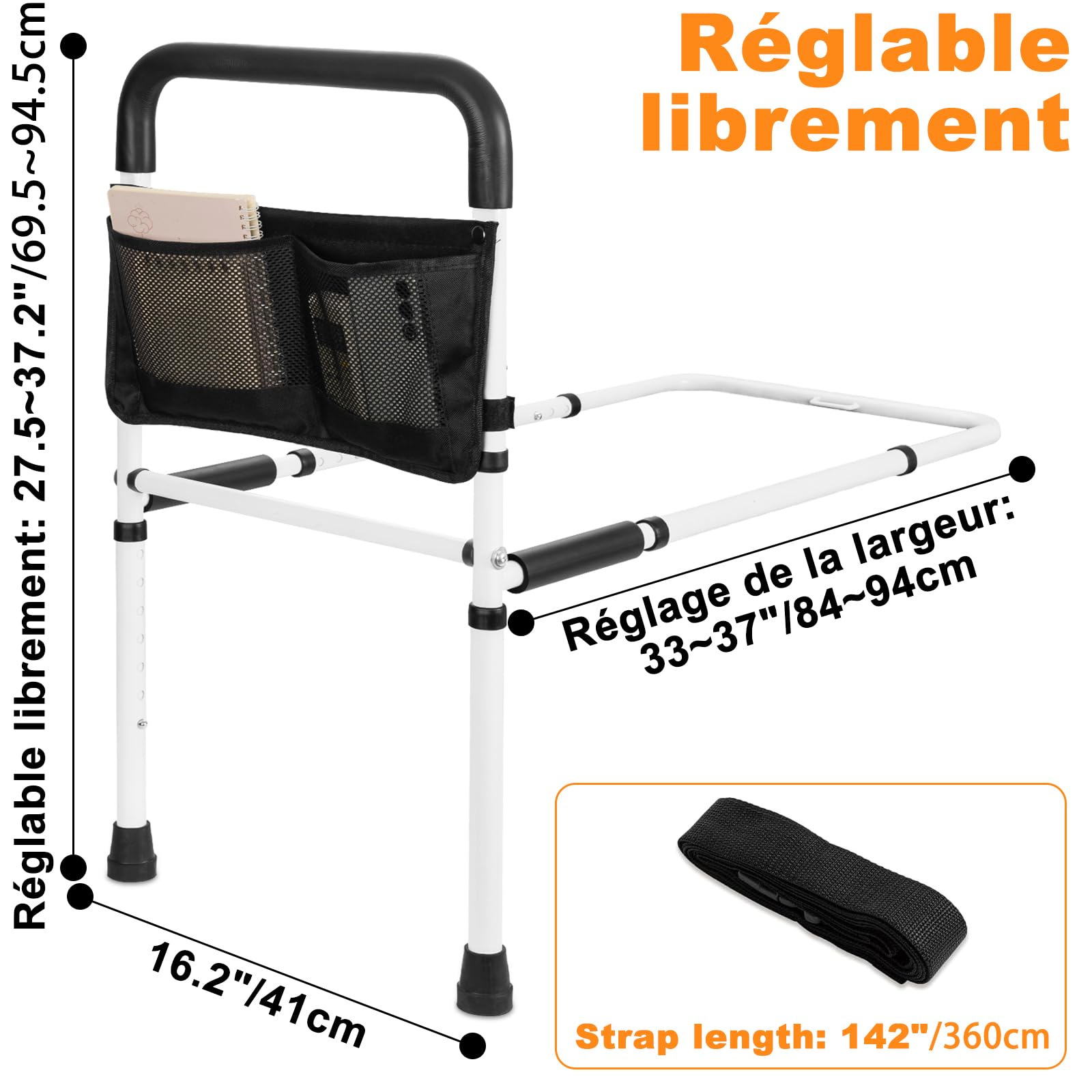 OUUTMEE Barriera del letto con piede di sostegno, regolabile in altezza, max. 150 kg | Maniglie per letto di sostegno, maniglia antiscivolo, borsa di stoccaggio, anti-caduta e sicurezza per anziani