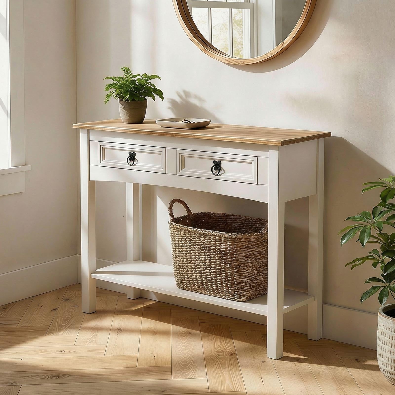 IDIMEX Console Campo Meuble Style Mexicain, Table Console Fabriquée en Pin Massif, 2 Tiroirs, 1 Étagère, Poignées en Métal, Console Finition lasurée Blanche