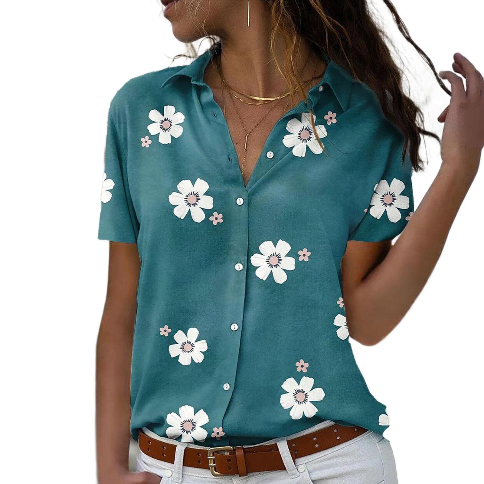 LOAIHAWomen's Short Sleeve Drop Shoulder Collared Blouse Button Down Flower Graphic Print Blouse Shirts Top