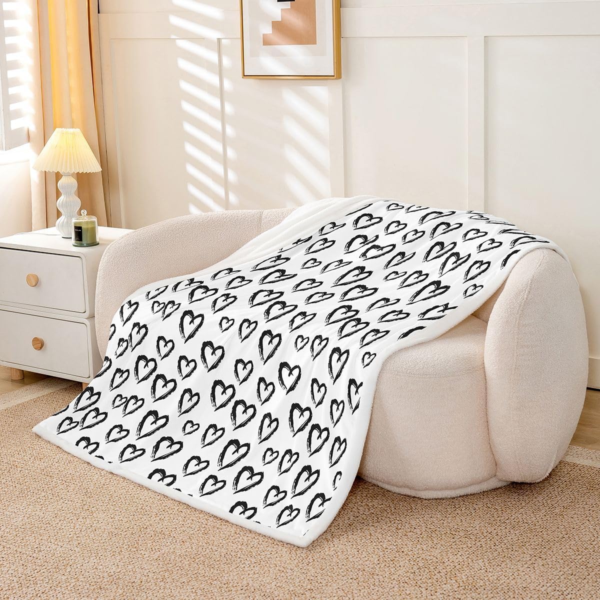 jejeloiu Kids Heart Love Fleece Throw Blanket Queen 90"x90" Geometric Love Pattern Sherpa Blanket Romantic Plush Blanket Valentine's Day Black and White Fuzzy Blanket