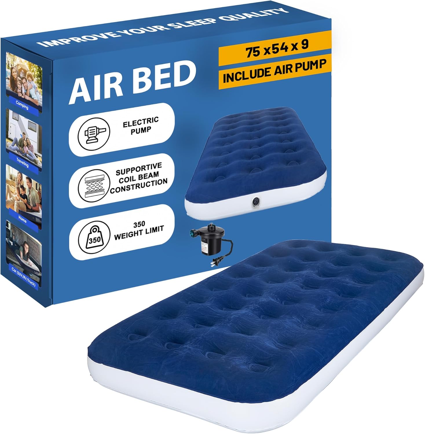 Greaton, 9-Inch Durable Luxury Inflatable Air Mattress with Comfort Coil Technology and High Capacity Pump, Good for Camping, Home and Portable Travel, Queen, Blue