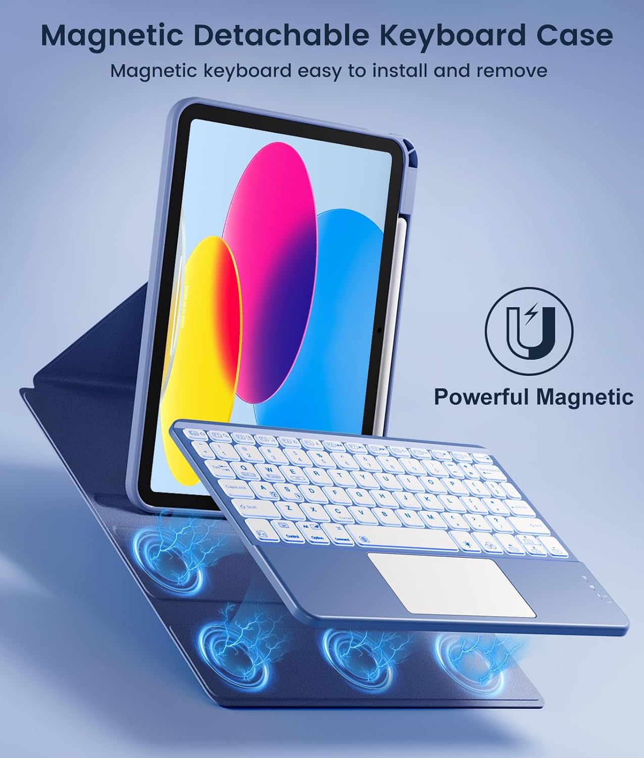 Harvopu for iPad 10th/11th Generation A16 Case with Keyboard, 360 Rotation Detachable Cover with Pencil Holder, Multi-Touch Trackpad, 7 Colors Backlit Keyboard for iPad (A16)/10th Gen (Blue)