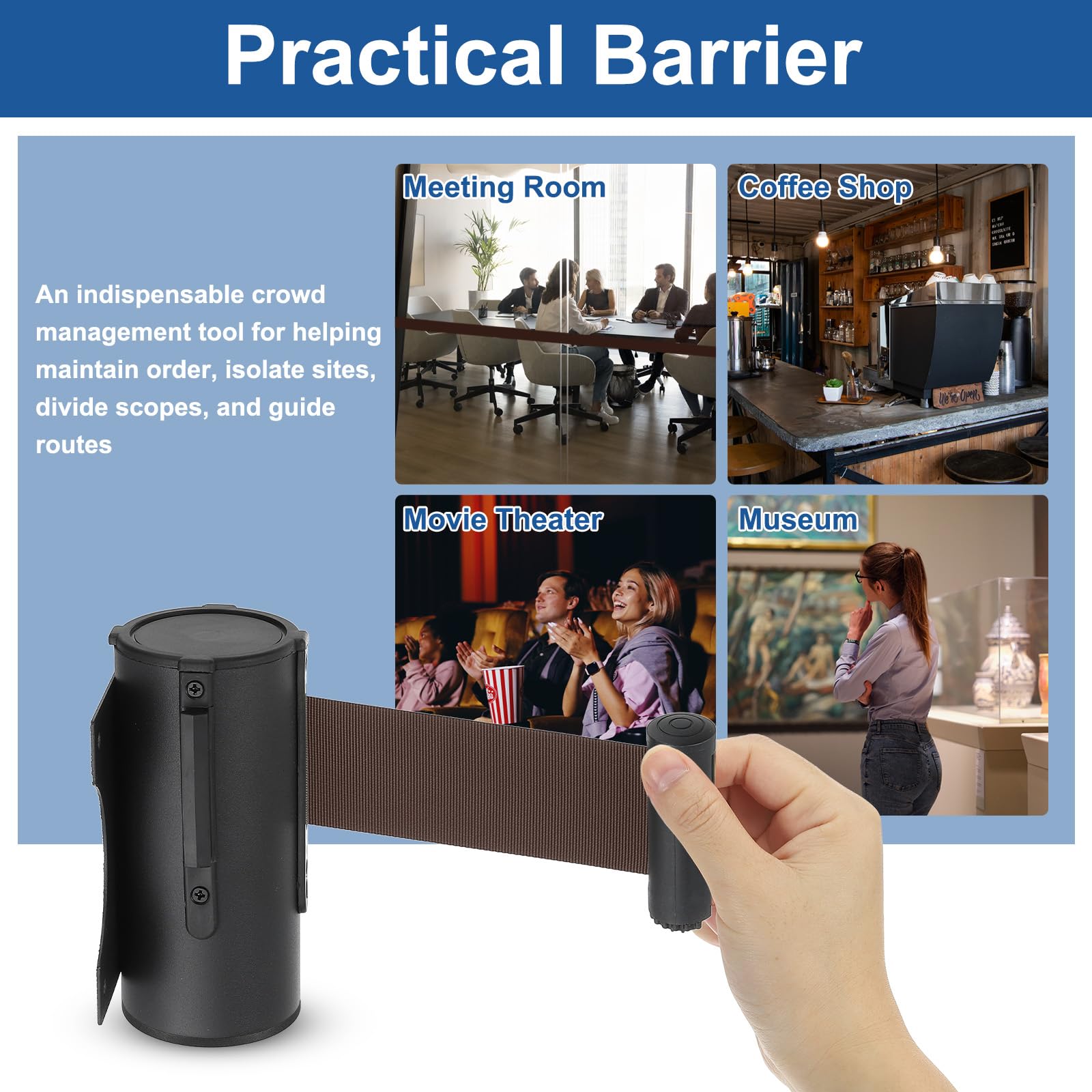 MECCANIXITY Barrera retráctil de montaje en pared fija, cinturones retráctiles fijos de control de multitudes de 10 pies para colas, tiendas minoristas, estadios, cinturón marrón con funda de ABS