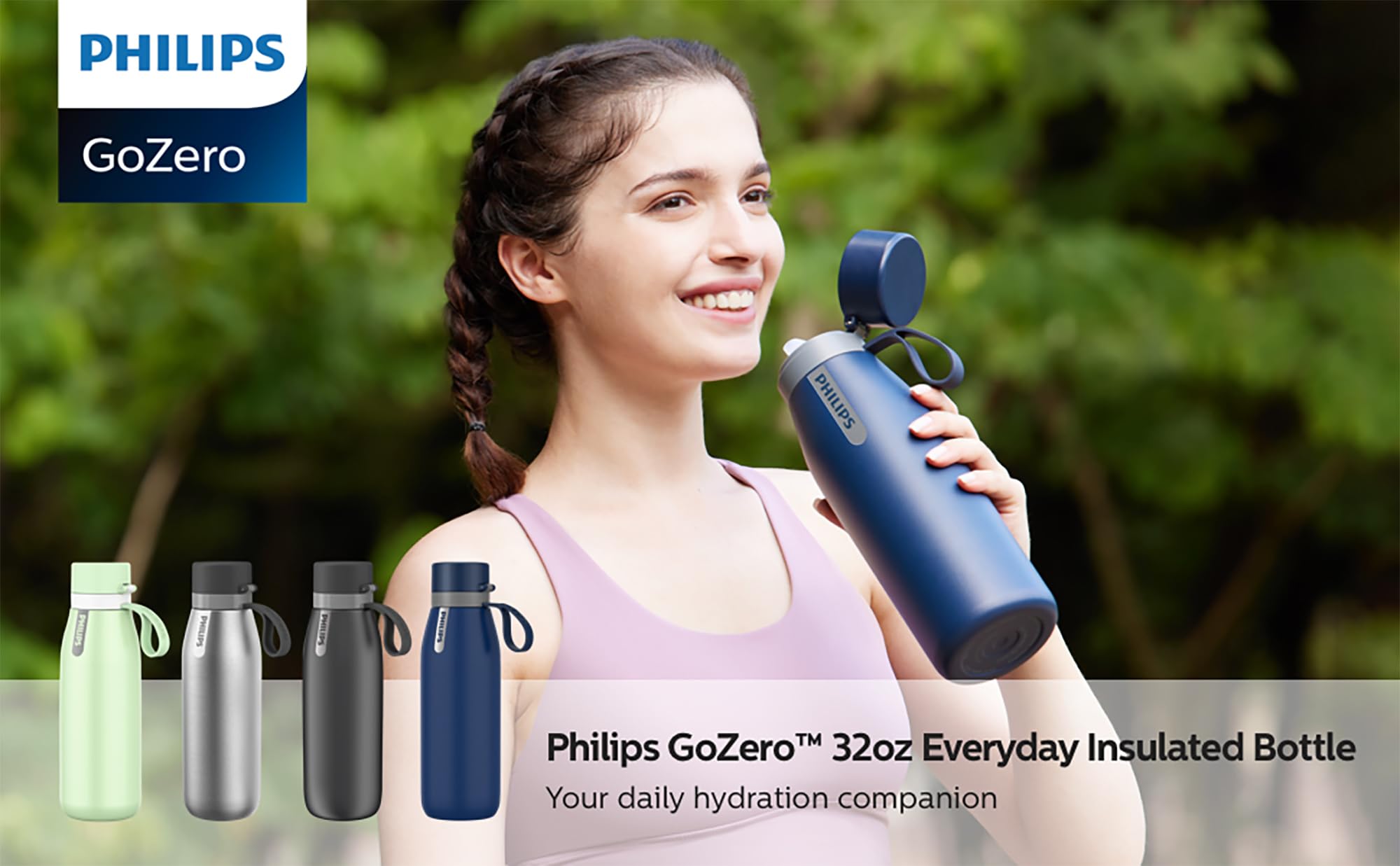 Philips GoZero - Borraccia termica in acciaio inox per uso quotidiano, con filtro Philips per uso quotidiano, senza BPA, trasforma l'acqua del rubinetto in acqua sana e gustosa, mantiene le bevande