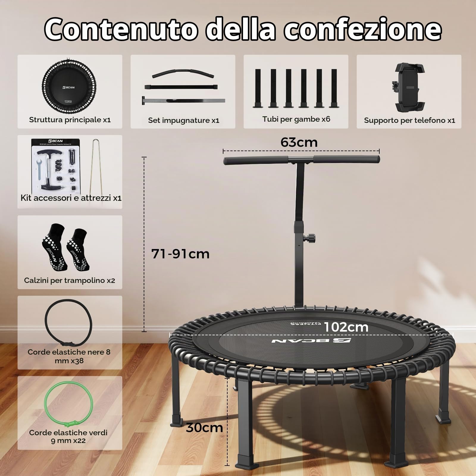 B BCAN BT4 Soft Land Pro - Trampolino elastico elastico da 96/102/122 cm, capacità 227 kg, elastico a tensione regolabile, telaio monopezzo, supporto per telefono e 2 paia di calzini