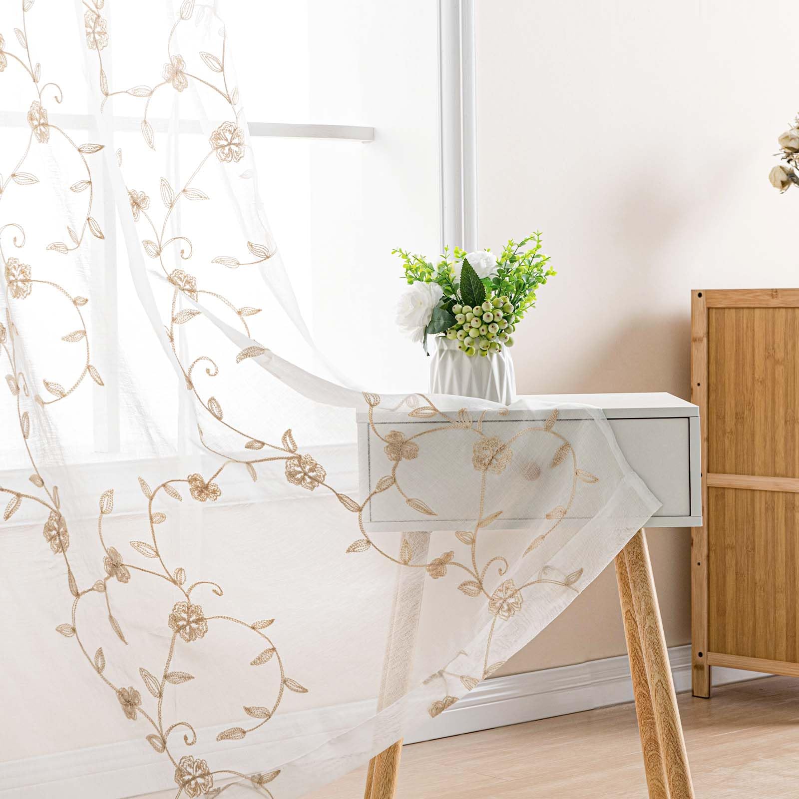 DWCN Embroidery Sheer Curtains Decoration Flora Design Grommet Window Curtain Semi Voile Drapes with Eyelets Window Treatments for Living Room Bedroom 2 Panels 52" W x 96" L Beige - Image 4