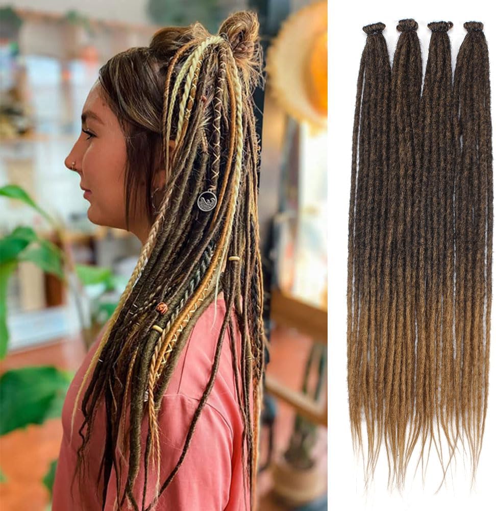 Kraler Dreadlock Extensions, 22" Ombre Brown Synthetic Crochet Dreads Extensions 100% Handmade Single Ended Dreads Thin 0.6cm Width Reggae Style Dreadlock for Girls(10 Strands)