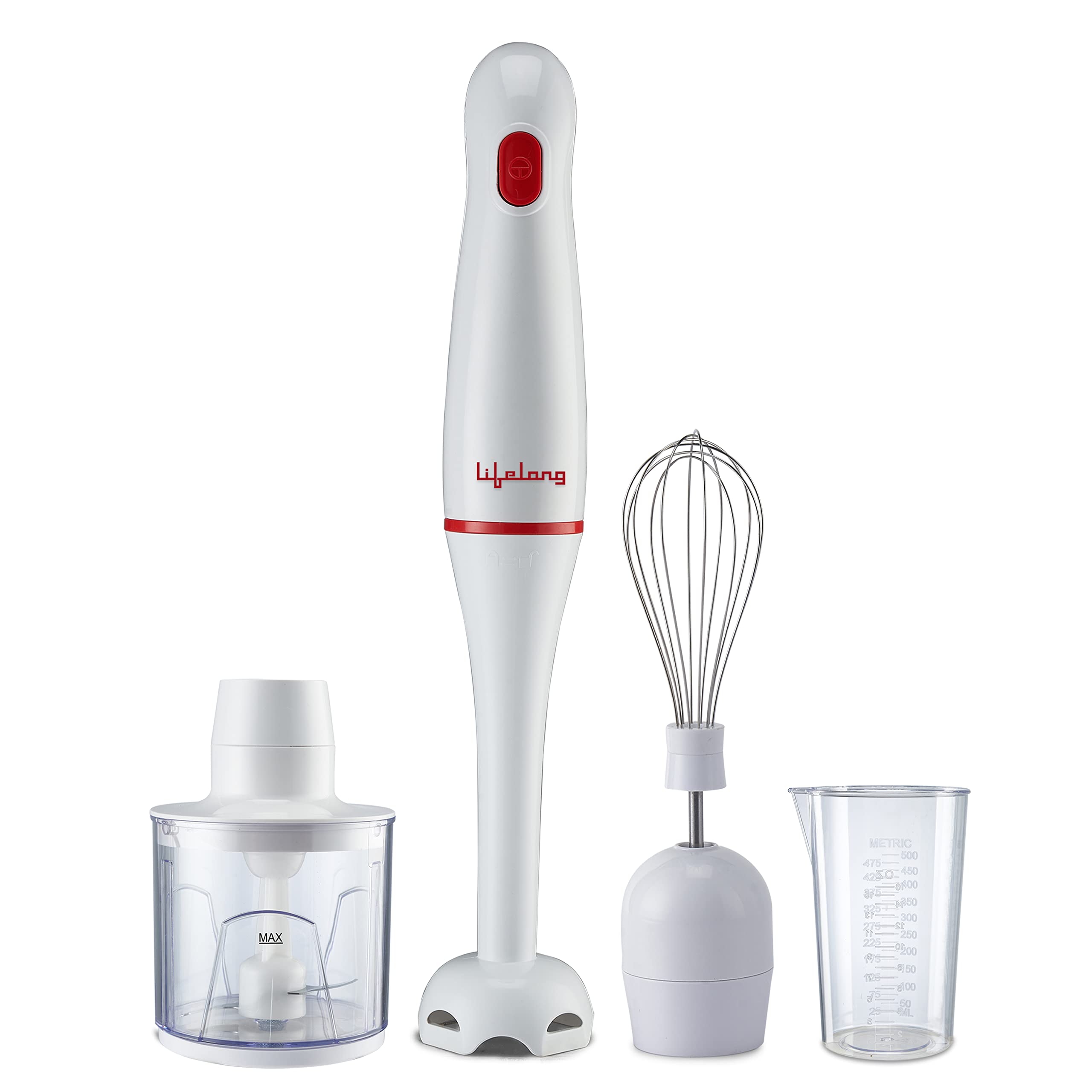 Lifelong LLHBZ03 Regalia Plus 300 Watts Hand Blender Machine with Whisker, Chopping Attachment & Multipurpose Jar|Stainless Steel Blade & Detachable Shaft|1 Year Warranty (ISI Certified, White)