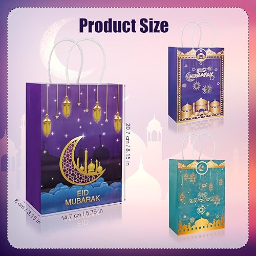 Miniatura 2 de PEUTIER 12 bolsas de regalo de Eid Mubarak con asa, bolsas de regalo de Ramadán azul dorado para Ramadán, bolsas de papel musulmán Eid Al-Fitr para