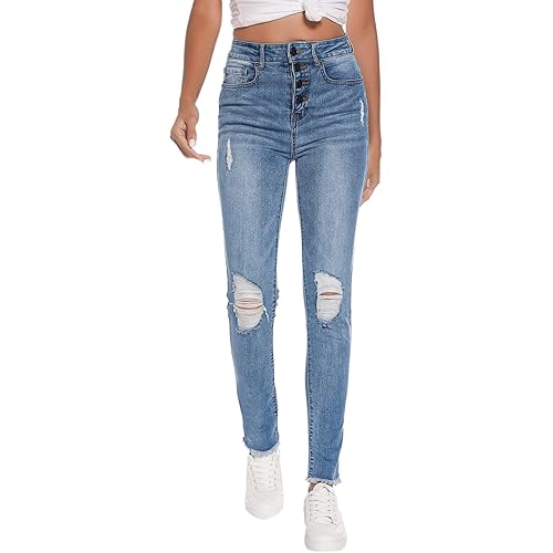 Resfeber Women's Ripped Skinny Jeans Trendy Distressed Jeans Stretch Destroyed Jean with Holes