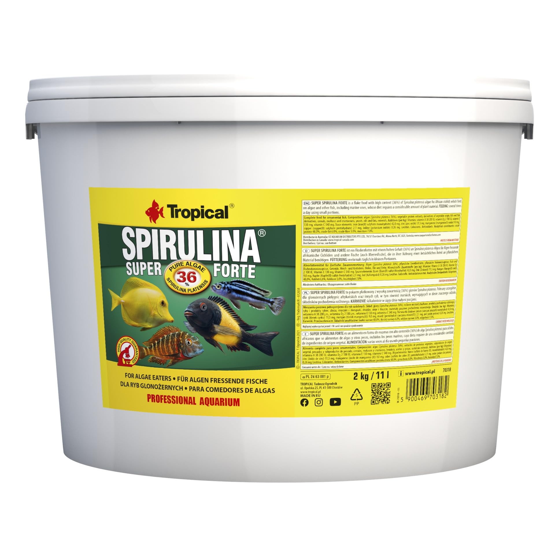 Super SPIRULINA Forte 36% 11L / 2kg - alimento para Peces en Forma de Escamas con Altas Necesidades nutricionales