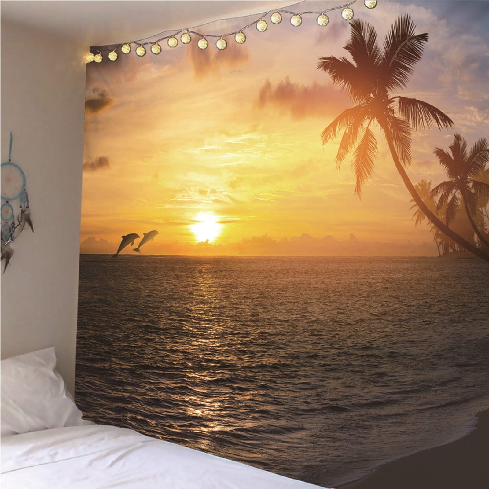 Beydodo Tapisserie Vorhang Sonnenuntergang Delfin Kokospalme Wandbehang Wohnzimmer 300x260CM Wandteppich Nordisch