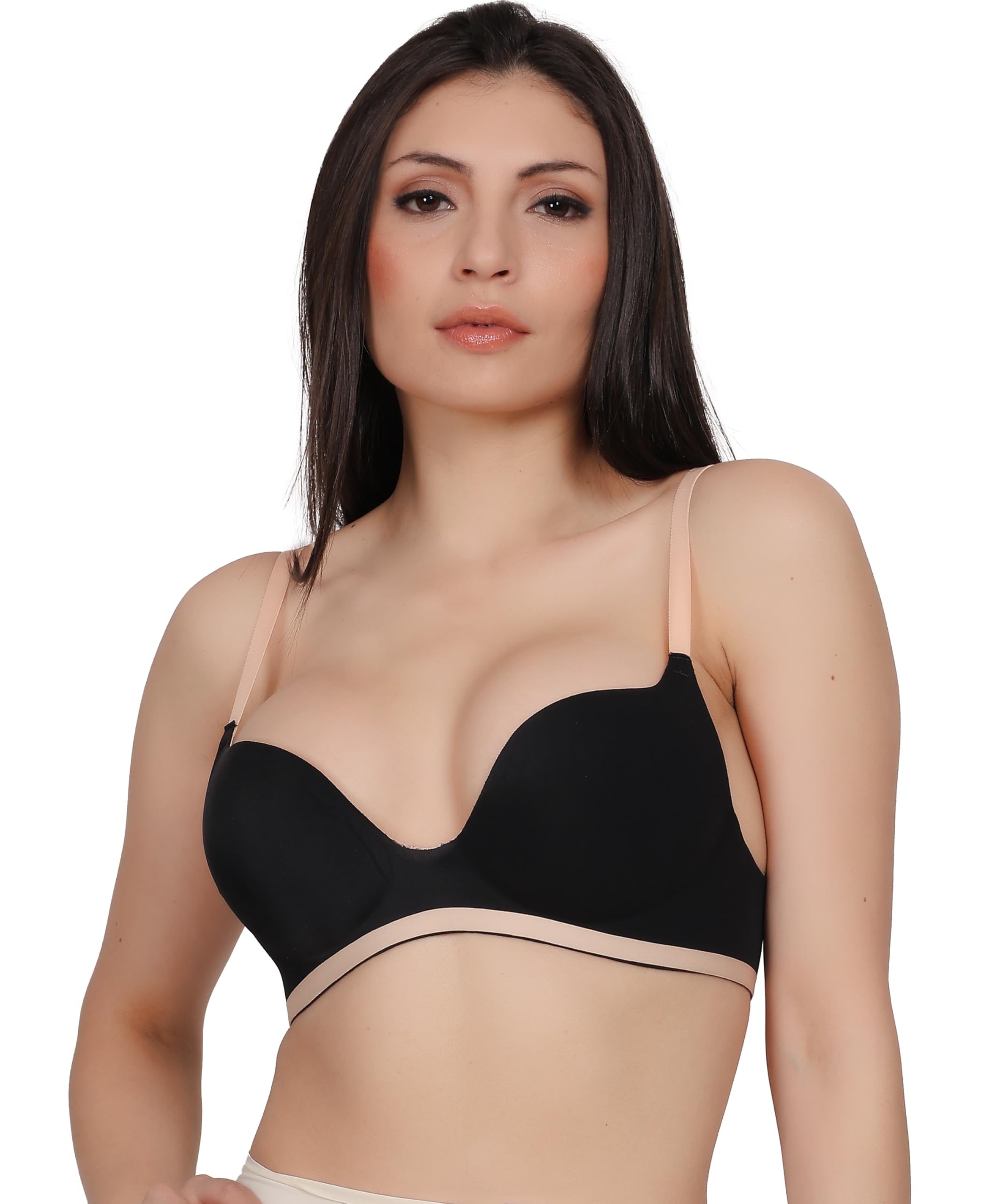 Women's Ultimate Push Up Bra, Black with Nude Straps, Padded Underwire Demi Cup, Adjustable Comfort Support, Special Occasion-image-25