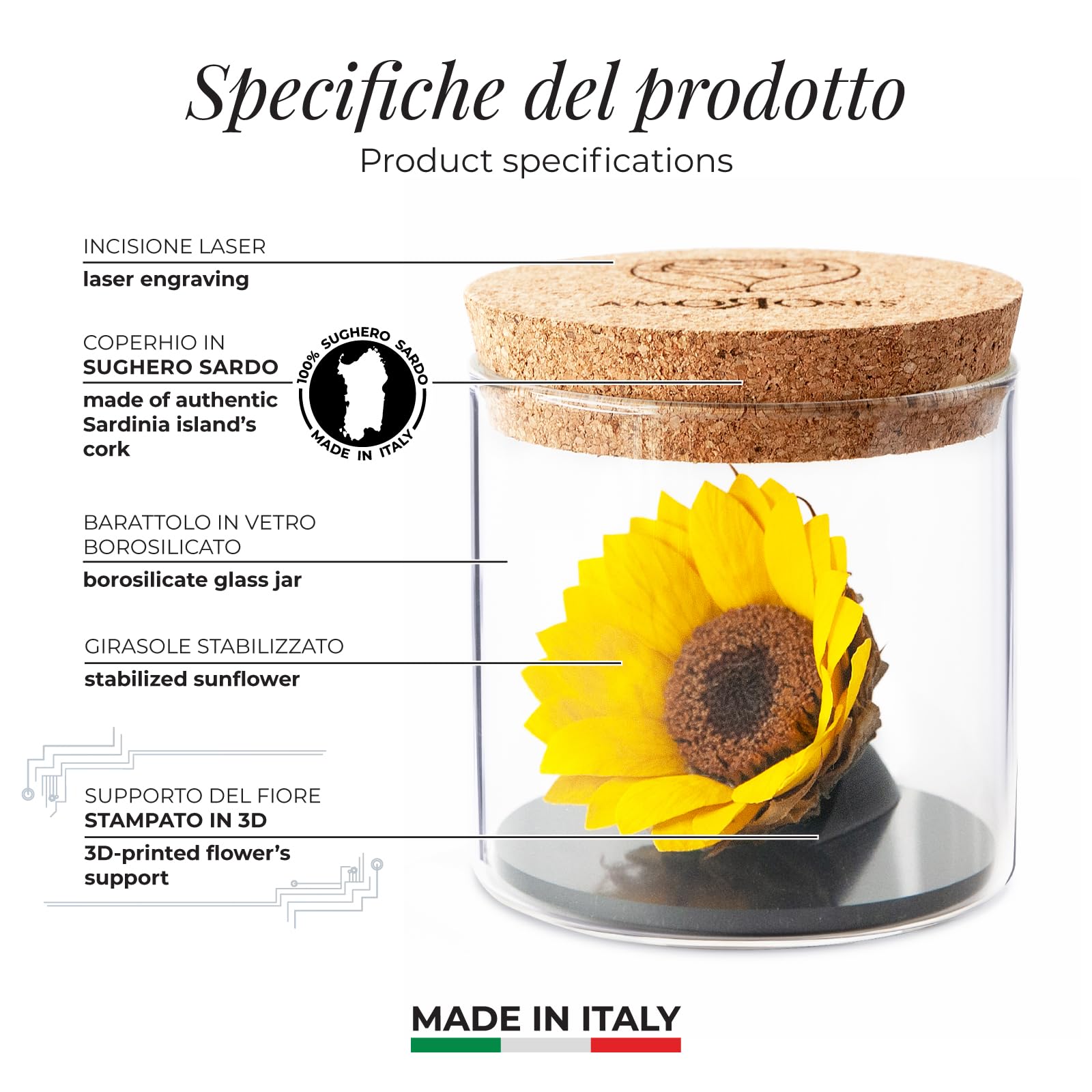 Amoroses Sunflo - Girasole Stabilizzato Fiore Eterno in Barattolo di Vetro | Idea Regalo